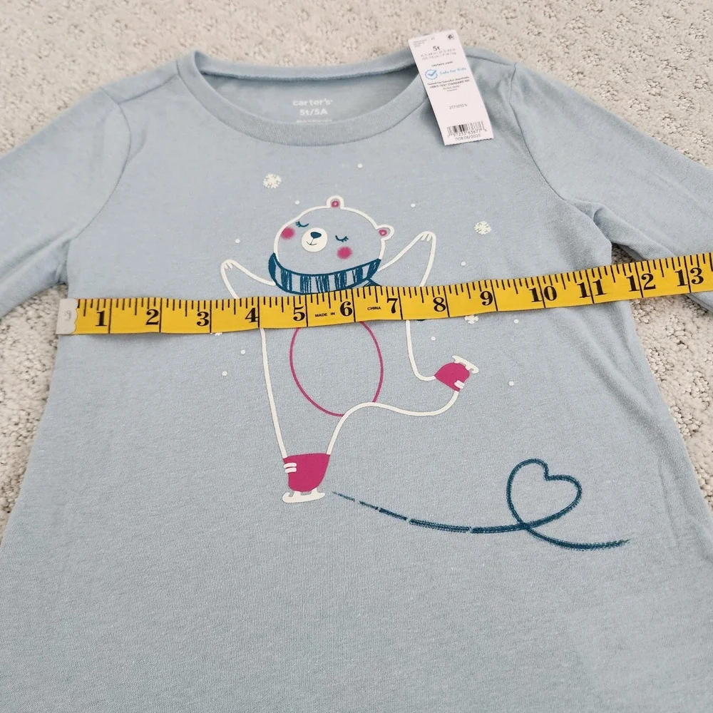 Carters Girls 5T Light Blue Ice Skating Polar Bear Long Sleeve Graphic Tee NWT
